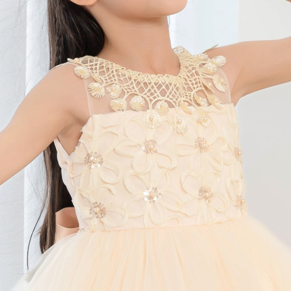 儿童婚纱礼服裙生日公主裙 孔雀羽毛流苏珍珠衣领裙摆自然蓬松kid