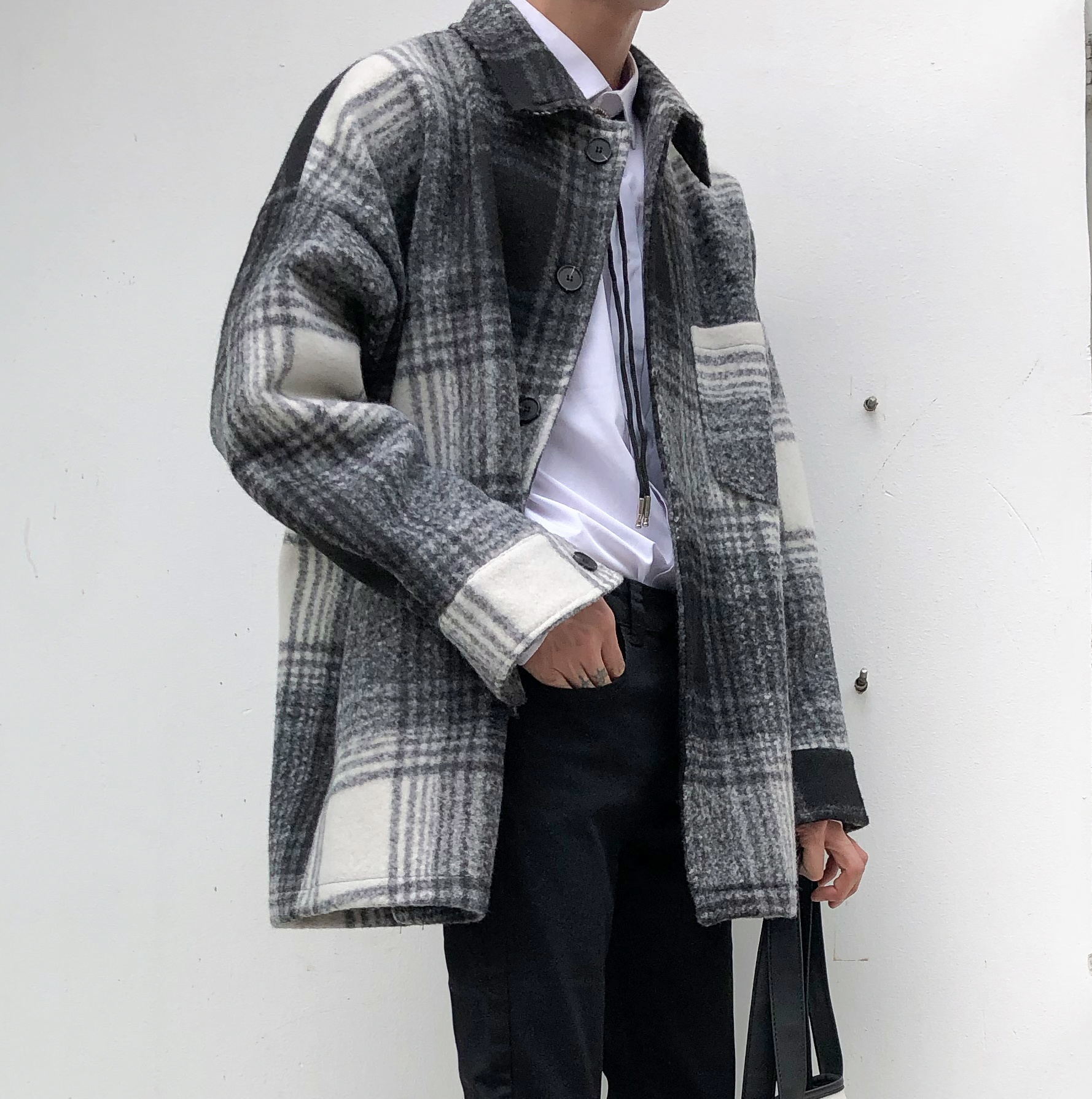 港风男装宽松大衣韩版时尚格子外套男士帅气百搭风衣学生潮流夹克