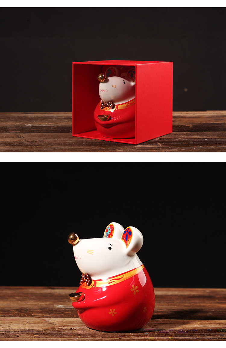 鼠年陶瓷描金小老鼠存钱罐招财摆件本命年吉祥物生肖鼠红色储蓄罐