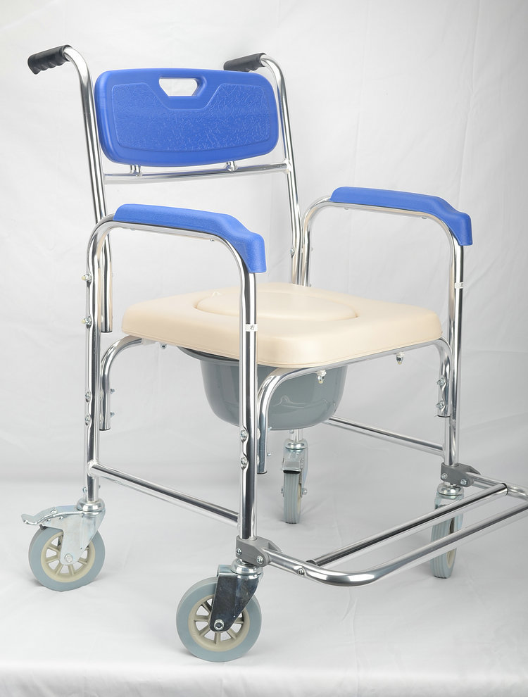 佛山轮椅带轮坐便椅铝合金洗澡椅 老人坐便器 孕妇移动冲凉坐厕椅