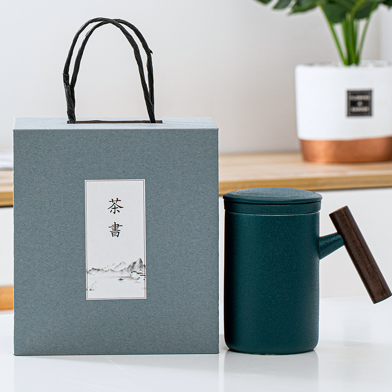 简约陶瓷马克杯三件套礼盒装过滤带盖泡茶水杯茶水分离个人杯logo