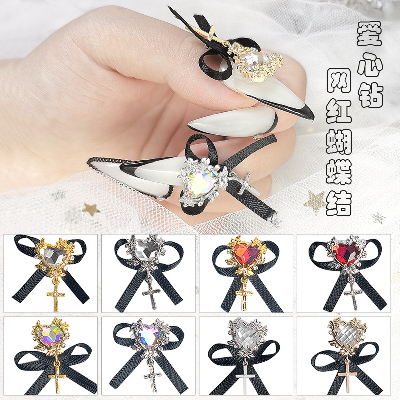 Internet Celebrity Hot Sale Nail Art Diamond Mesh Internet Celebrity Love Stick Bow Pendant Cross Luxury Rhinestone Japanese Style Ornament