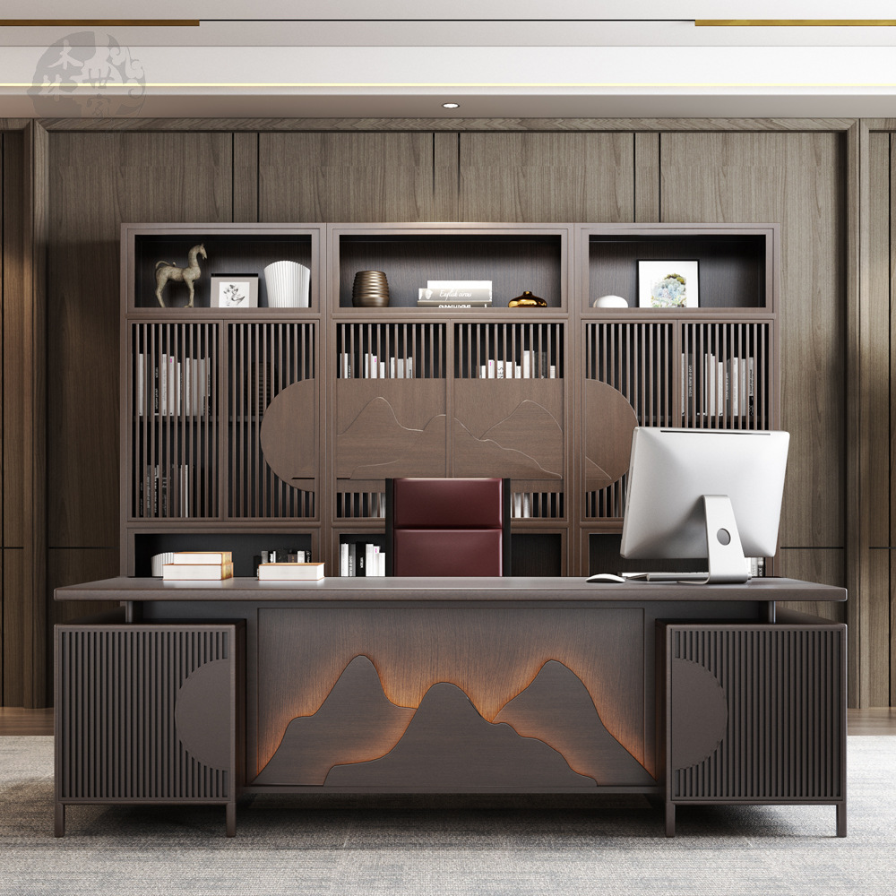 0成交6件办公家具大班台老板桌新中式总裁桌木质皮油漆经理主管桌椅