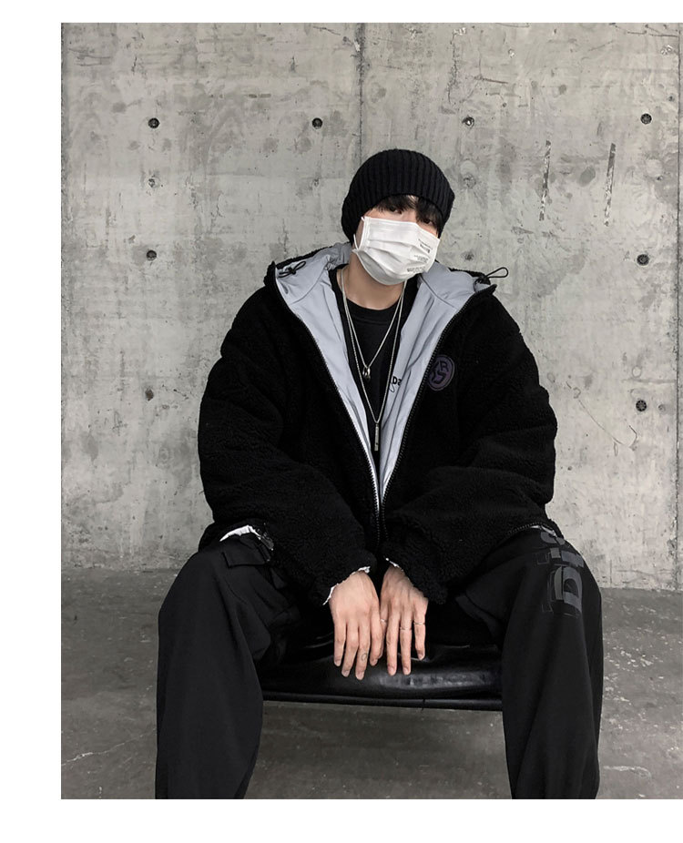 男士新款加绒印花双面穿棉衣 黑衣先生