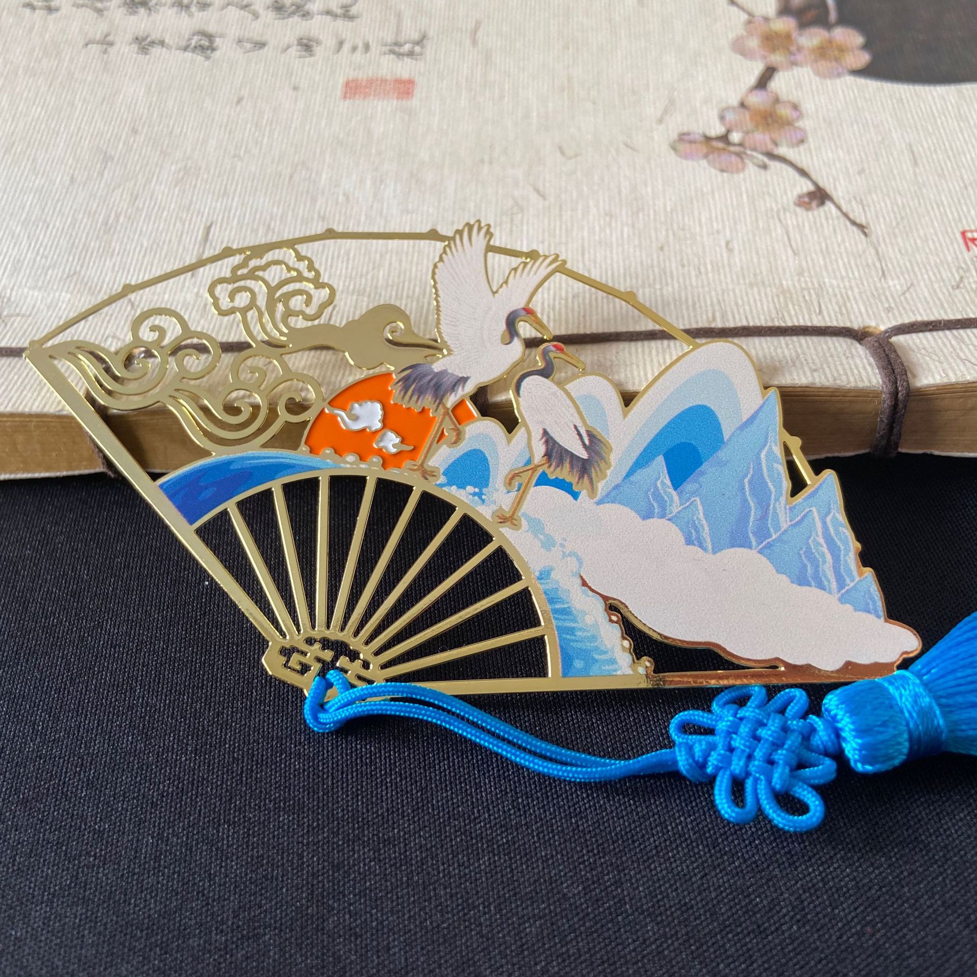 扇形古典金属书签 中国风山水鹤烤漆书签精致彩绘文创景区小礼物