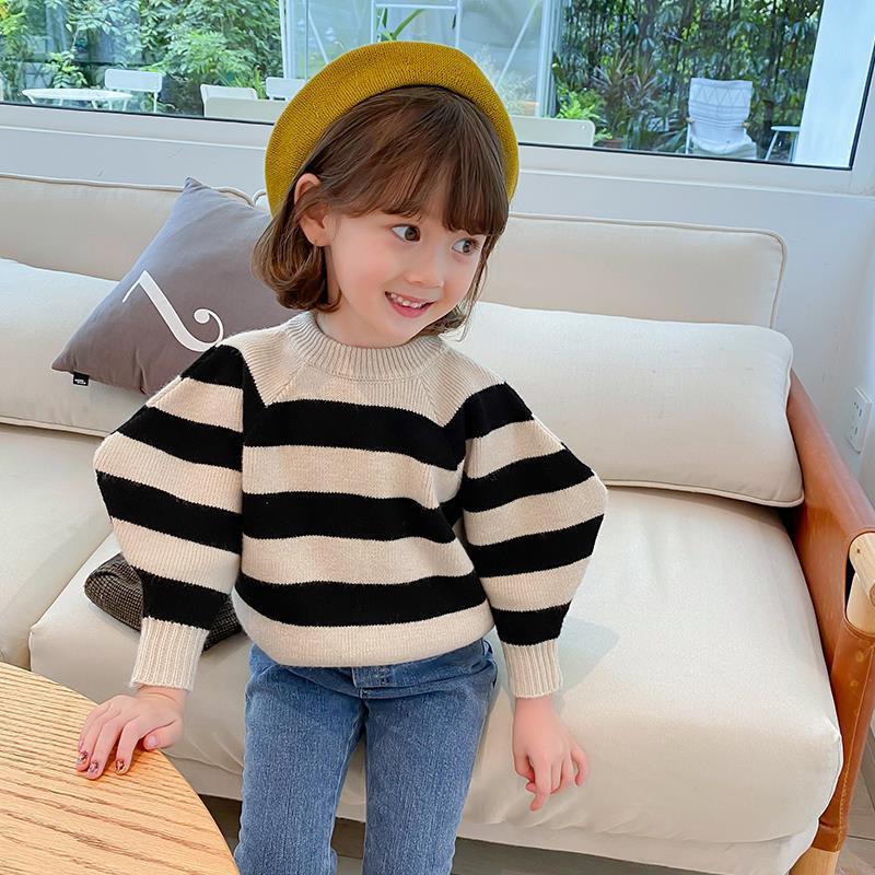 女童针织衫春秋款2020新款套头韩版儿童秋装条纹手工宝宝毛衣洋气