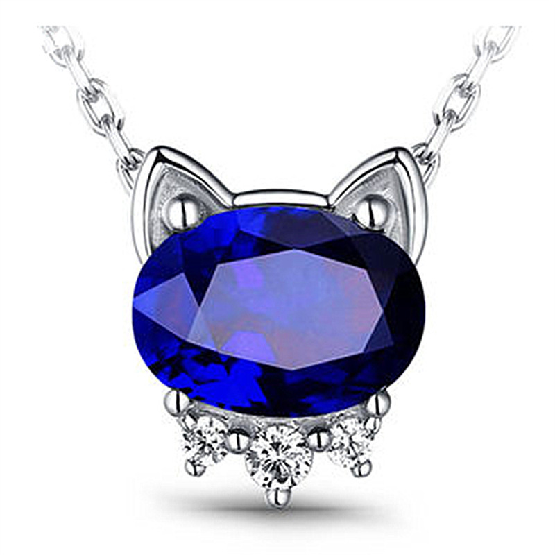 韩版热卖天然蓝宝石猫咪吊坠创意镀18k铂金镶嵌钻石项坠彩宝首饰