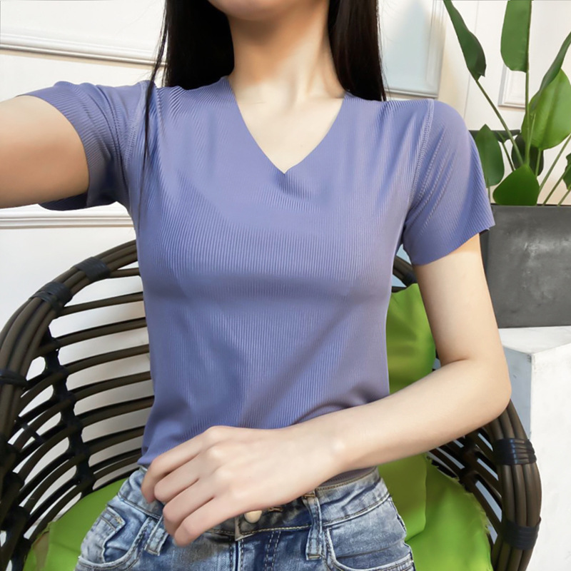 女士冰丝短袖t恤薄款针织打底衫2020新款修身无痕随心裁螺纹上衣
