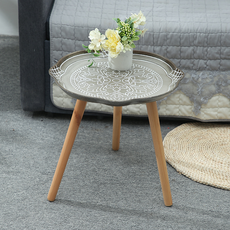 迷你沙发茶几ins风边几小圆桌复古简约木质圆桌不规则圆形小茶几