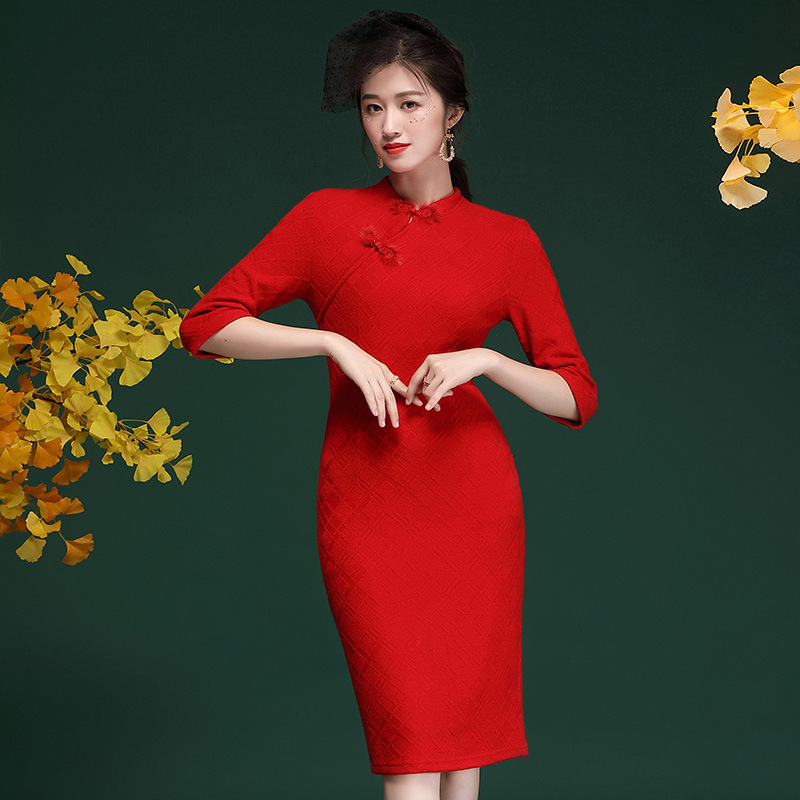 礼服2020年新款秋冬中国风七分袖针织旗袍改良版连衣裙红色20809