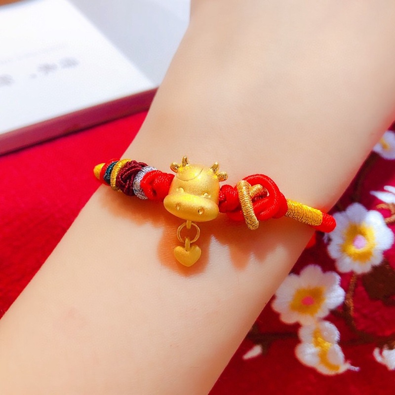 3d硬金足金999牛气冲天手绳本命年生肖牛红绳手链女亲子款手饰