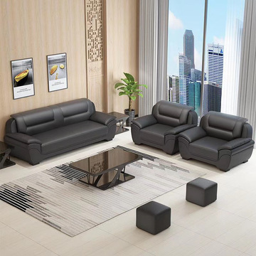 办公室沙发茶几组合现代简约商务会客区接待室真皮三人位办公沙发