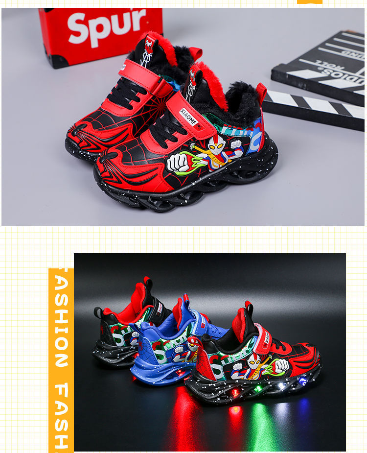 带灯奥特曼儿童运动鞋秋冬新款皮面加绒保暖男童小学生防滑实心底
