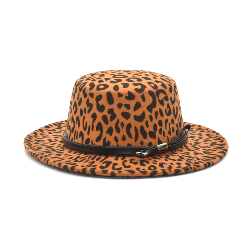 新款平顶帽 女士豹纹毛呢帽子 男士爵士帽赌徒帽大沿礼帽批发