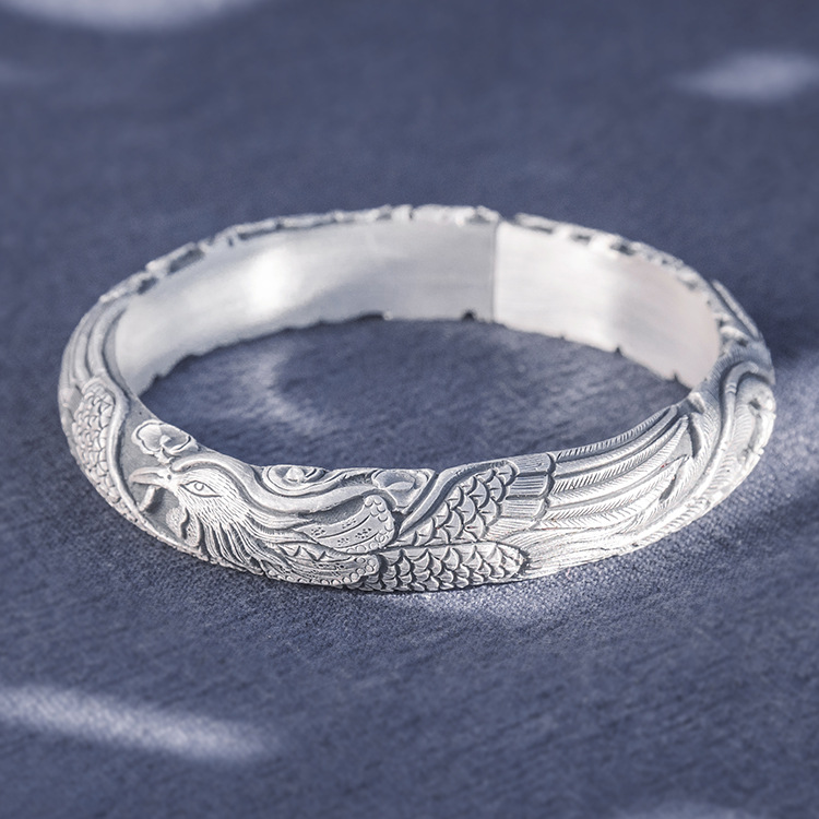 手工雕刻999足银凤凰来仪复古泥鳅背手环开口民族风女款银手镯子