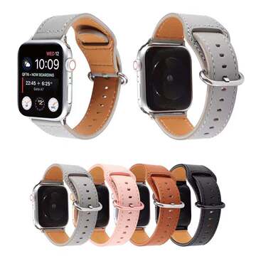 适用苹果手表表带iwatch5真皮表带1/2/3/4代经典扣纯色腕带44mm40