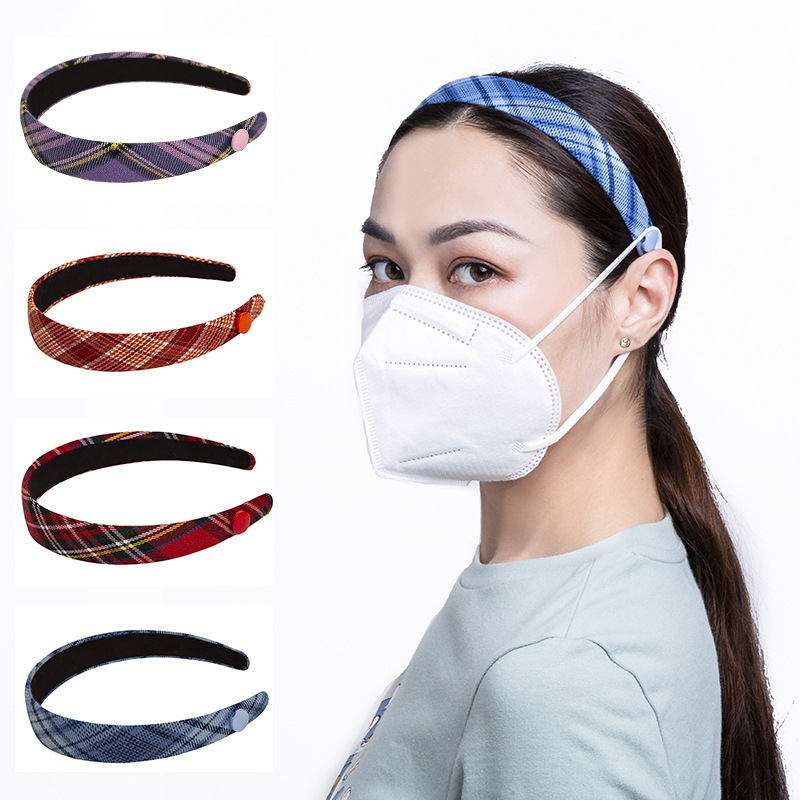 粗格子发箍百搭格子口罩固定纽扣头箍防滑防勒纽扣头饰头箍批发