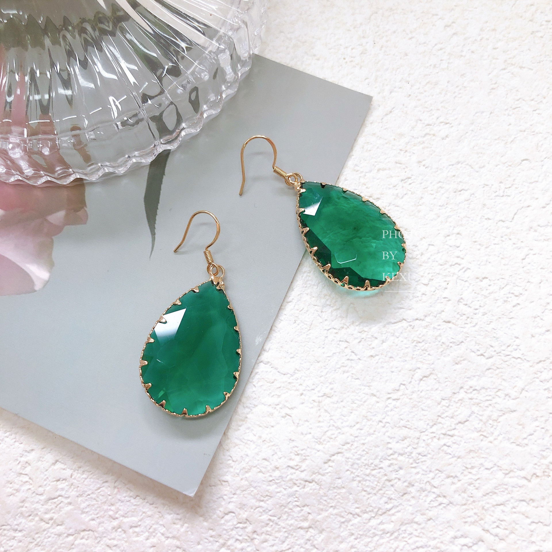 复古手作祖母绿透亮水滴形耳环夸张巴洛克宫廷风925银耳钩耳环女