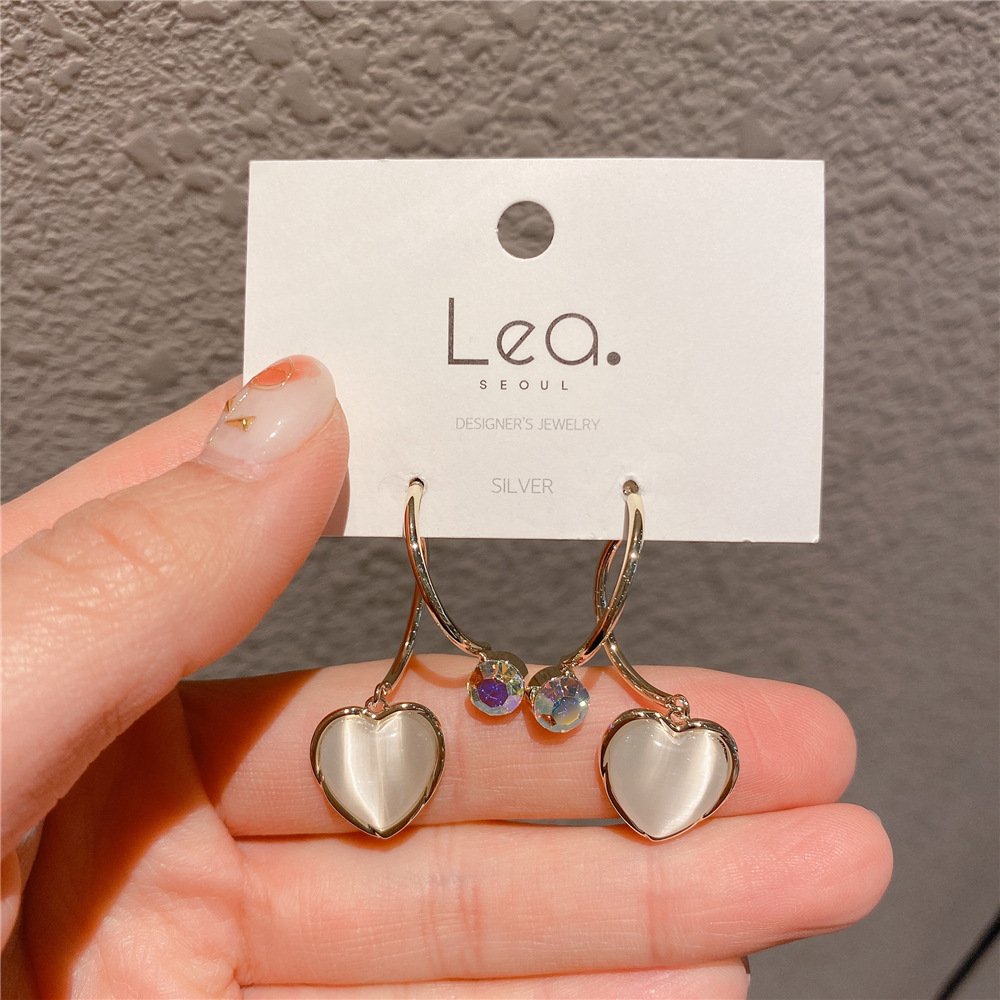 Korean Dongdaemun Love Opal Sterling Silver Needle Earrings Gold-Plated Earrings Fashionable All-Match Elegant Earrings