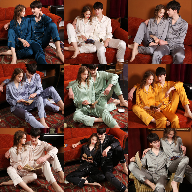 Couple New Pajamas Women's Artificial Silk Thin Men's Lapel Long-Sleeved Trousers Spring and Autumn Summer Loungewear Ice Silk