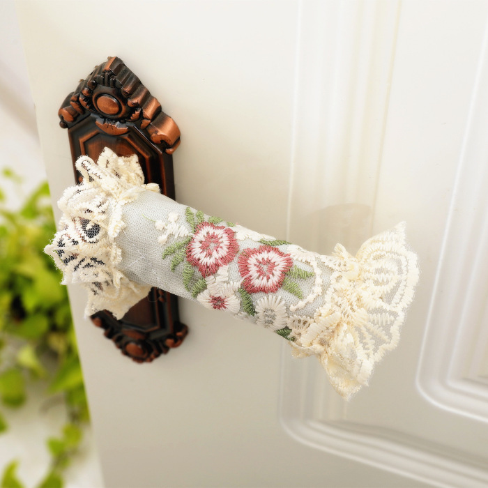 门把手保护套布艺蕾丝花朵粉色保暖防撞垫门把手套冬防静电门把套