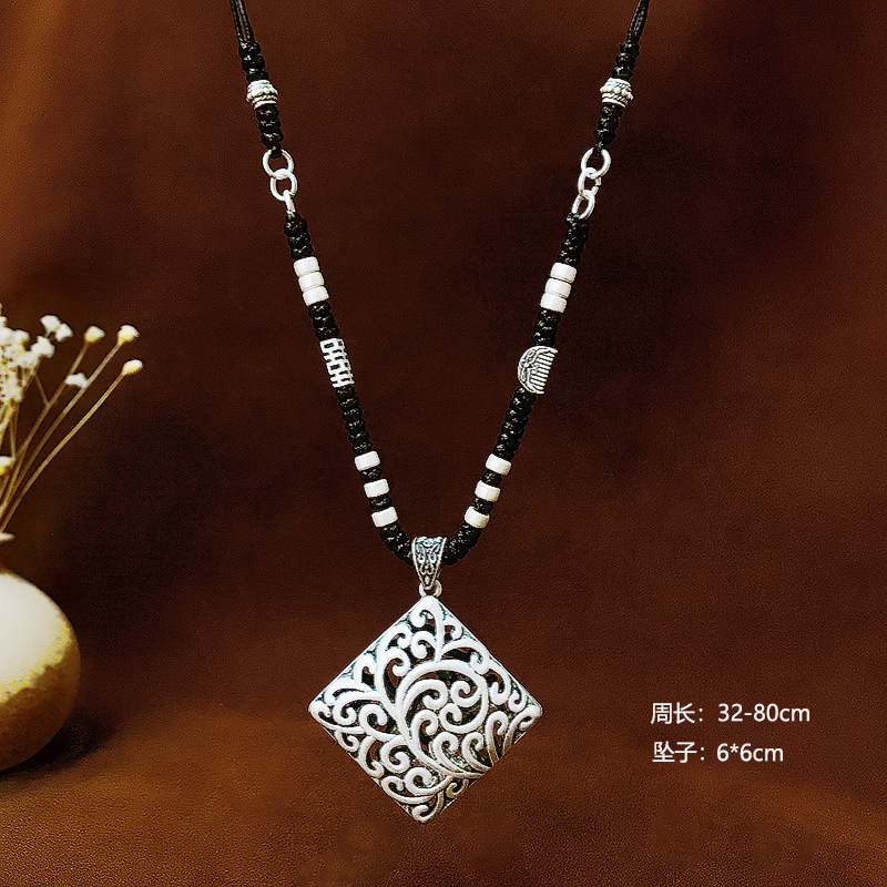 Retro Ethnic Style Short Clavicle Chain Female Square Pendant Elephant Double Xi Character Pendant Imitation Silver Accessories Necklace Pendant