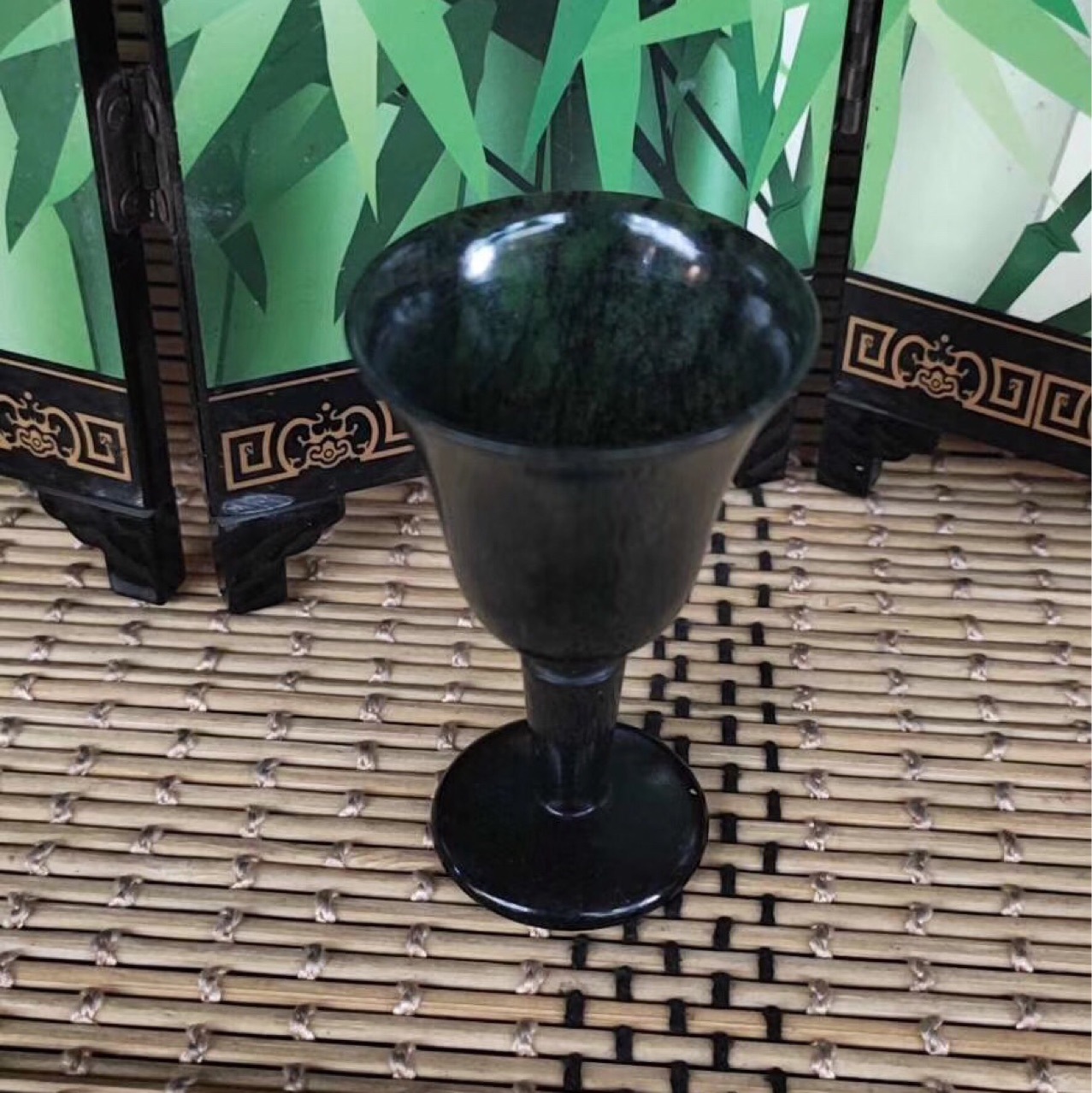 新款玉石新疆墨玉酒杯墨绿玉高脚杯蛇纹石玉酒杯玉酒杯