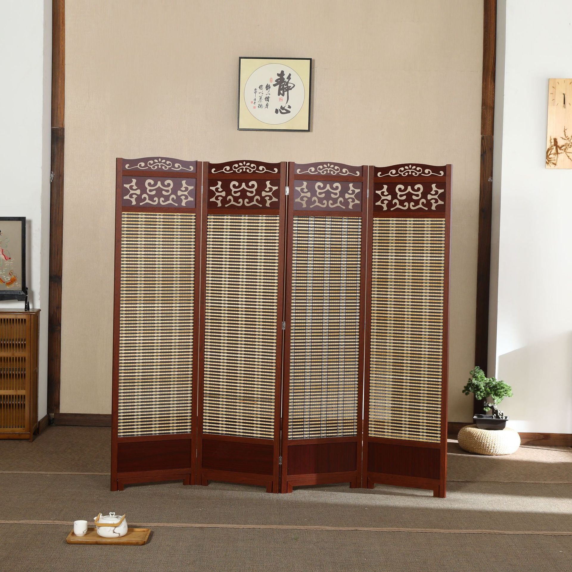 新中式屏风隔断复古中国风红木实木镂空竹编移动折叠屏风玄关座屏