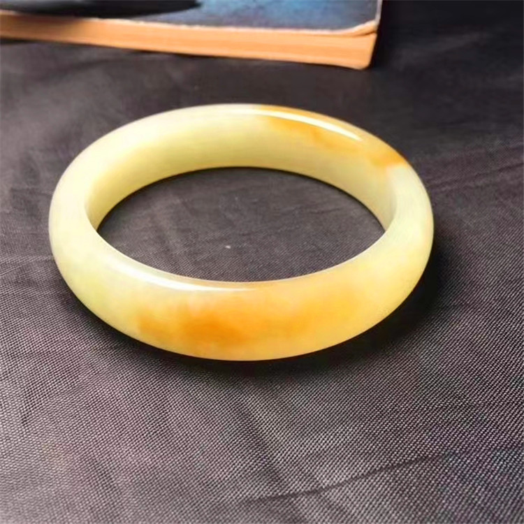 和田黄玉手镯圈口57mm若羌黄口玉镯子女款圆条手镯子带证书