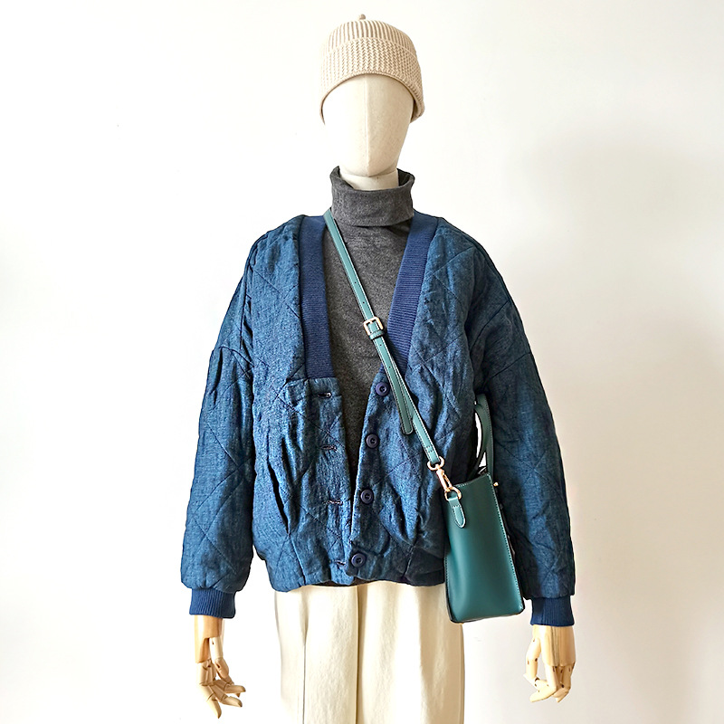 秋冬女装批发 原创棉麻民国风加厚v领复古女棉衣长袖宽松蓝染外套-阿