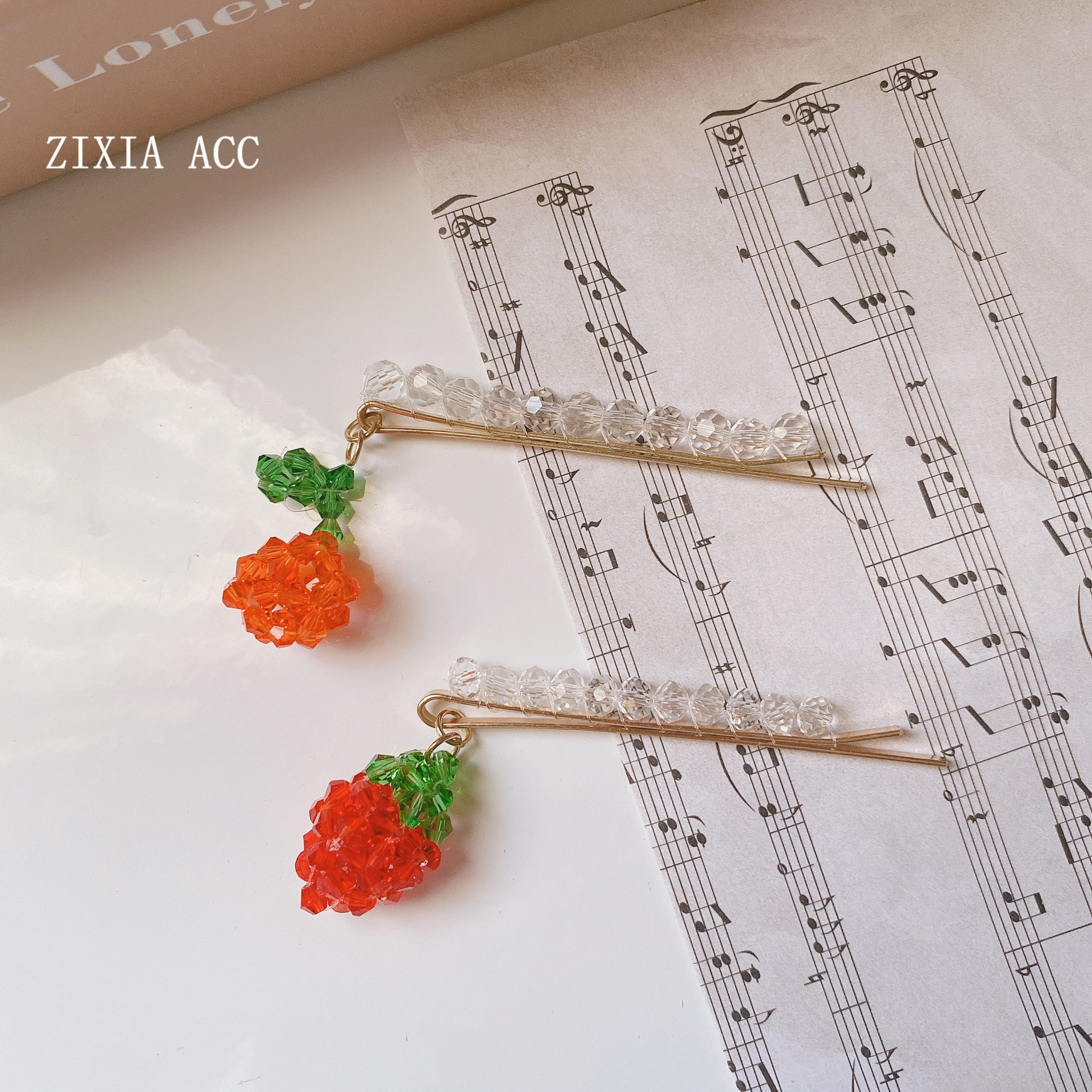 lisa同款发夹 水晶串珠草莓发卡甜美少女发饰手工发饰刘海夹饰品