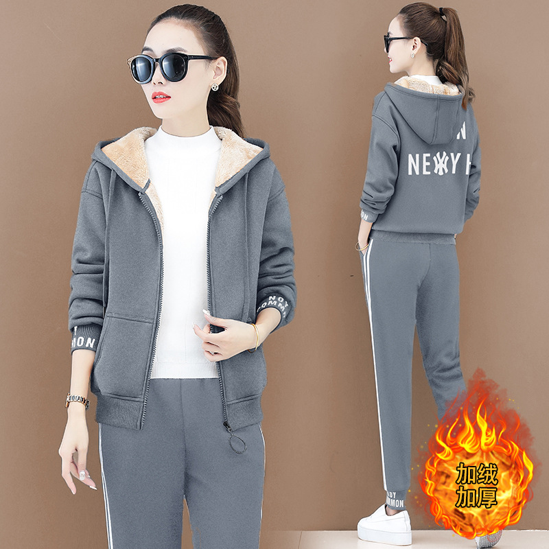 羊羔绒外套女冬装2020年新款女士秋冬加厚加绒运动服套装女装