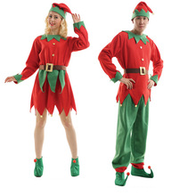 成人 圣诞节服装 圣诞精灵红绿配色 演出服饰 儿童表演脚套帽子含