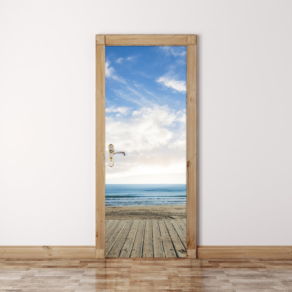 跨境专供蓝天海洋沙滩门贴卧室浴室门装饰自粘可移除pvc家居装饰