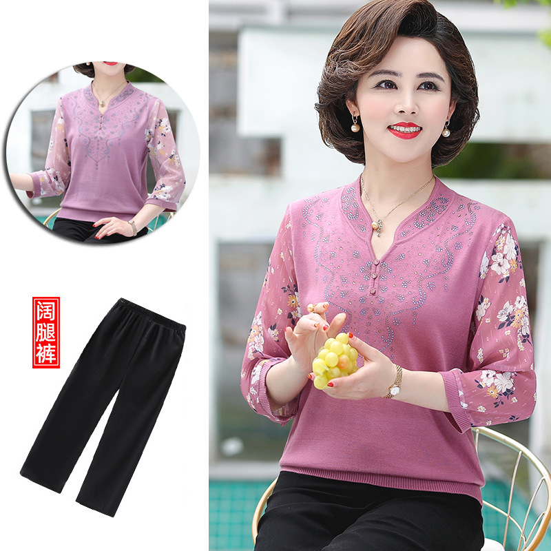 中老年女装新款春夏套装妈妈装针织衫两件套宽松大码女装雪纺衫
