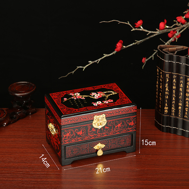 Marriage Dowry Supplies Chinese Retro Jewelry Storage Box Vanity Box Wooden with Lock Portable Jewelry Box