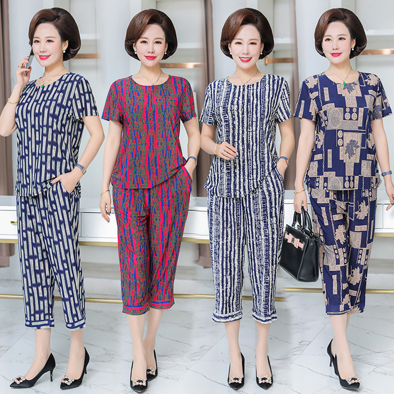 Middle-Aged and Elderly Women's Clothing for Moms Summer Clothes Two-Piece Suit Ice Silk Short Sleeve Oversized Loose-Fitting Pattern Print Casual Suit Wholesale