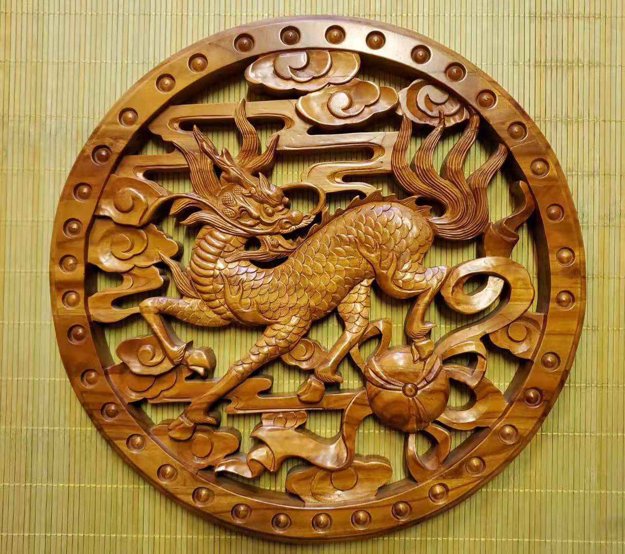 源头厂家桃木手工雕刻加工麒麟送子八宝看盘双鱼九狮龙马精神摆件