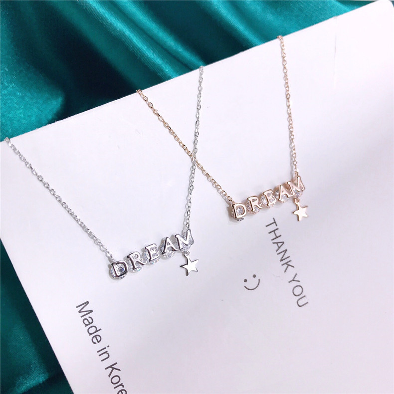 s925银项链时尚浪漫新创意英文字母dream钻石锁骨项链 18k金工艺