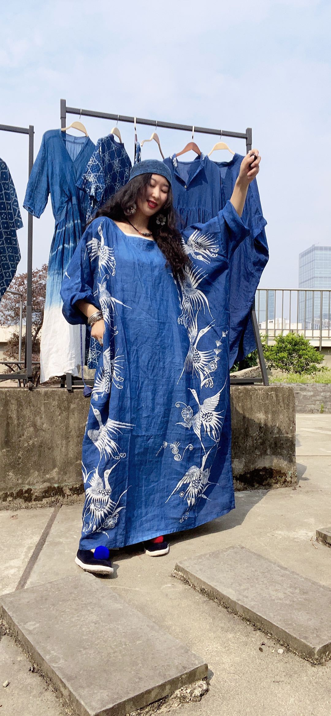 喜阁原创蜡染衣服连衣裙手工植物染色扎染裙子衣服复古民族风袍子