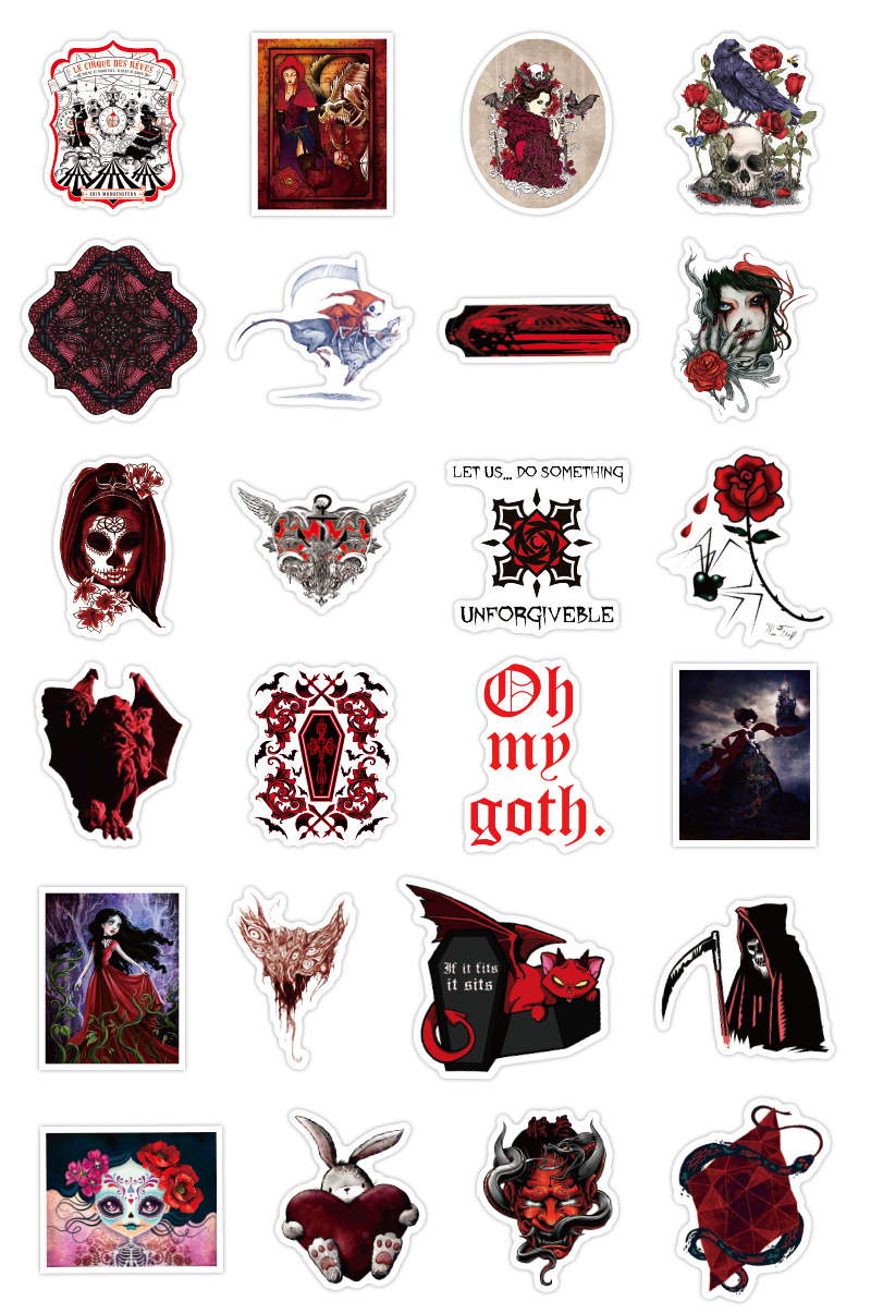 50张欧美风哥特式暗红系列涂鸦贴纸防水拉杆箱笔记本滑板贴纸贴画