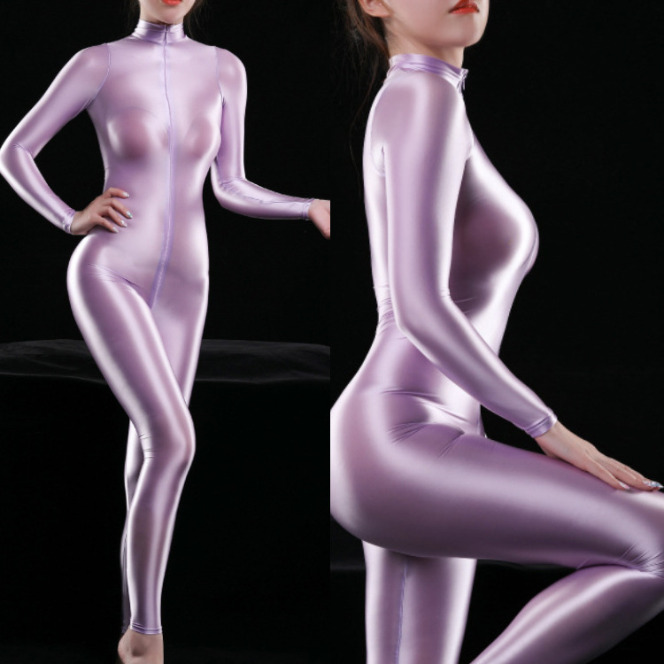 圆光圆滑高光油亮柔滑丝滑长袖长裤双头拉链长连体衣连身衣