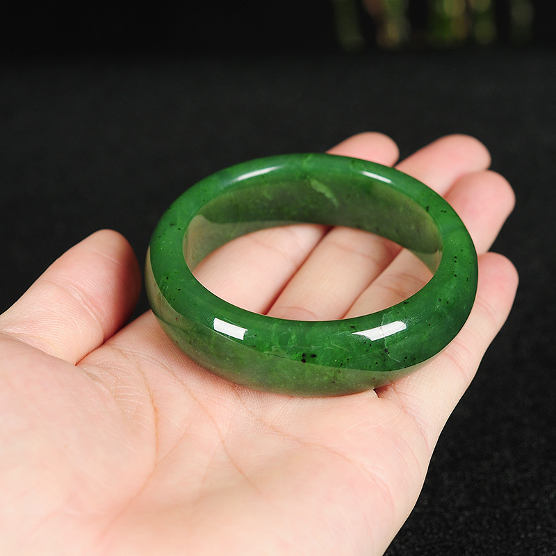玉石菠菜绿碧玉手镯带黑点新疆和田玉镯子女款手腕圆镯清仓