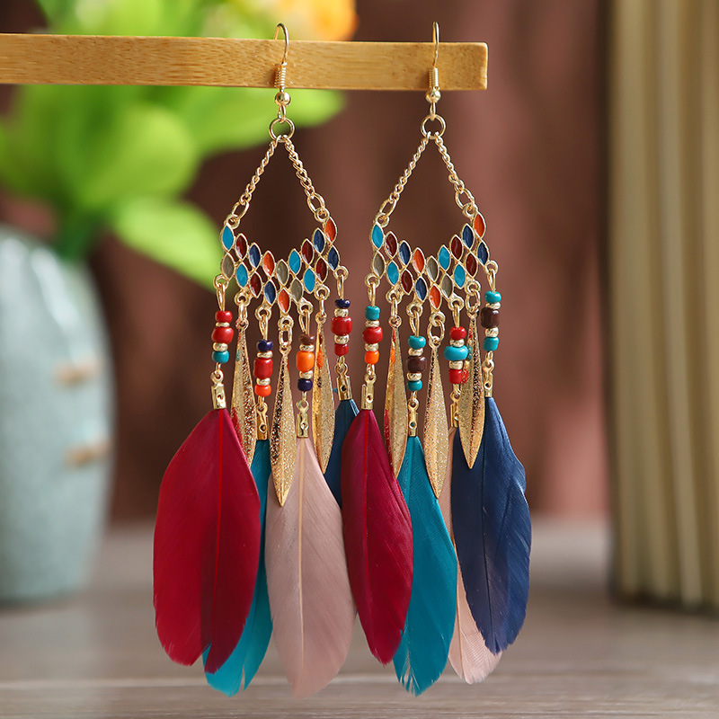 Amazon Sources Light Blue Fan-Shaped Tassel Feather Earrings Women's Long Bohemian Bead European and American Earrings Wholesale