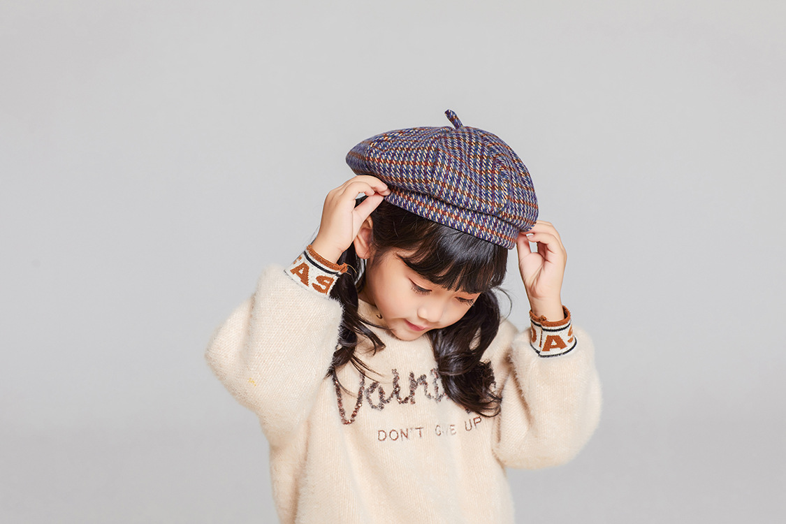 清新简约复古文艺书童帽儿童 格纹毛线羊绒女童帽子保暖
