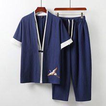 亚麻套装男短袖夏季薄款衬衫中国风两件套棉麻九分裤刺绣衣服一套