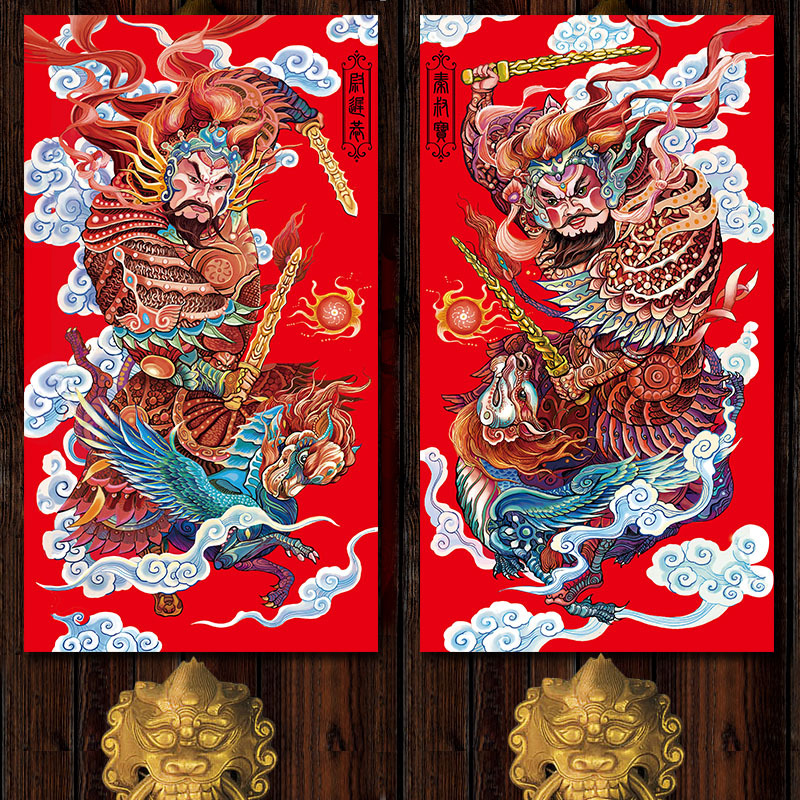2022新年春节过年门神门贴国潮创意个性手绘门神秦琼敬德神荼郁垒