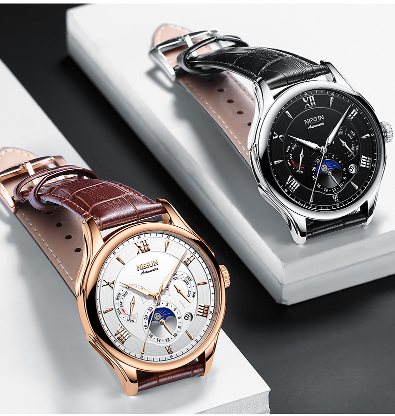 尼尚男士机械手表全自动镂空气质商务表带男款9030