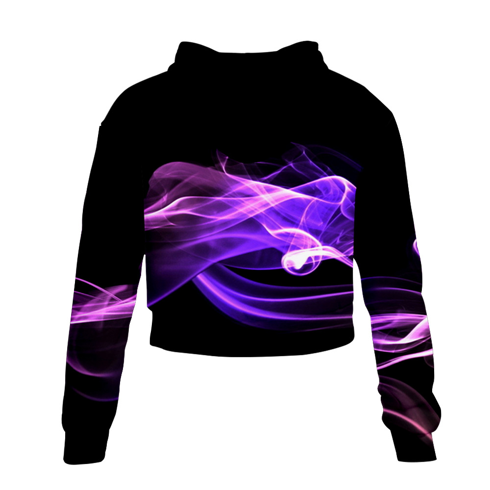 2020春季新款火焰图案3d数码印花休闲露脐高腰连帽卫衣女一件批发