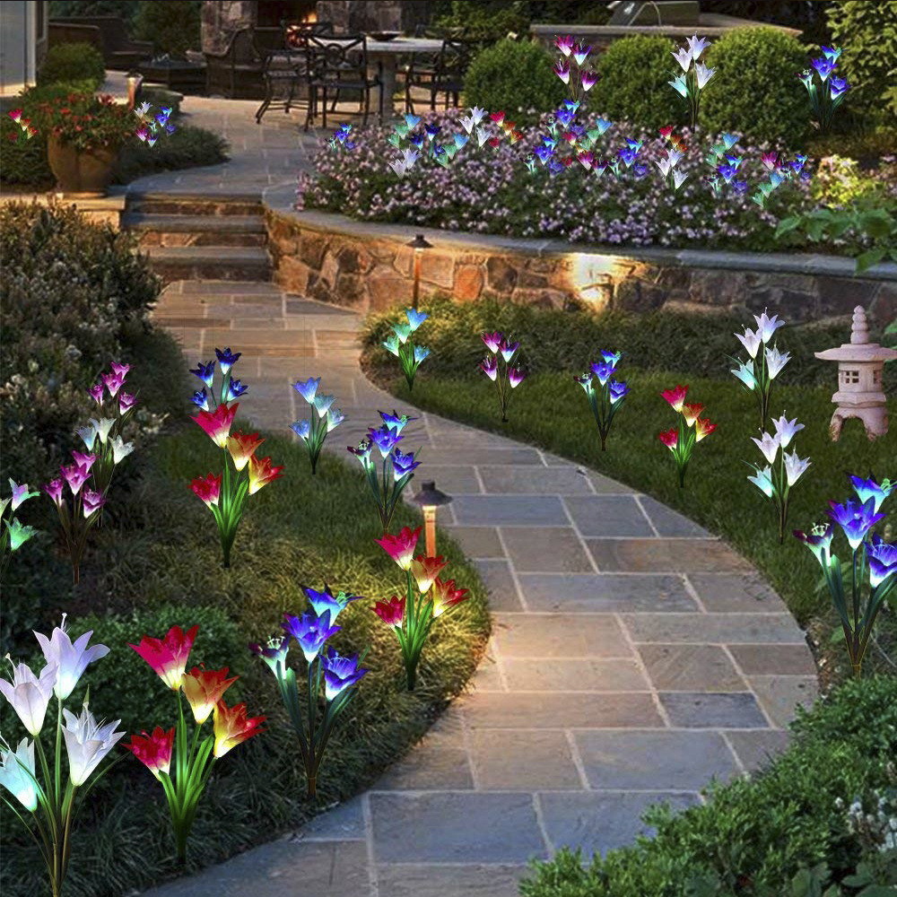 太阳能百合花灯彩色渐变4led地插灯花园灯庭院灯草坪灯户外仿真花